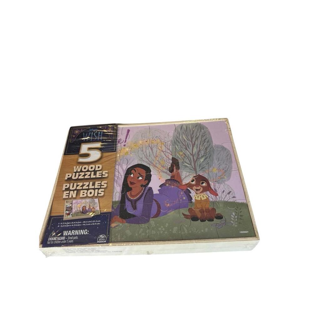 Disney Wish 5 Wood Jigsaw‎ Puzzle Bundle 24 Piece 8 Piece in a Wood Storage Box